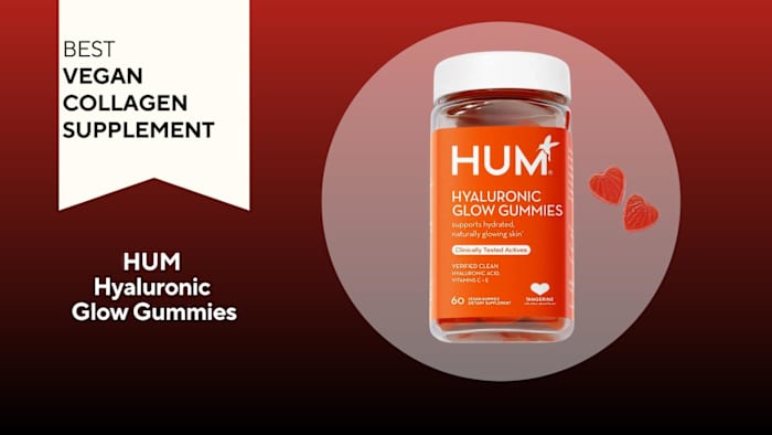 A red background with a white banner that says, "Best Vegan Collagen Supplement" next to a clear container with a white lid and bright orange label that says HUM Hyaluronic Glow Gummies in white font